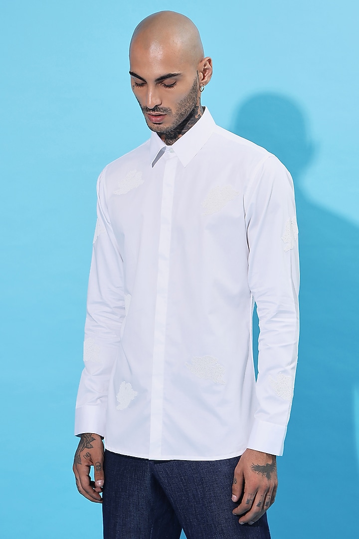 White Cotton Screen Printed Party Wear Shirt by SAHIL ANEJA at Pernia's Pop Up Shop