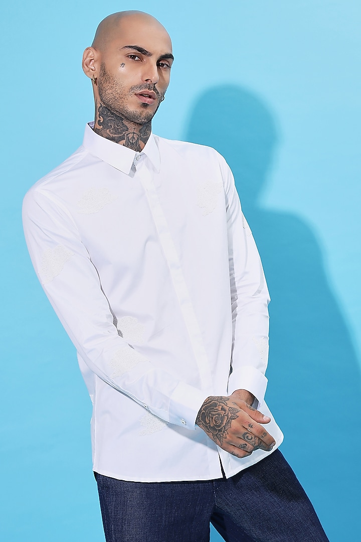 White Cotton Screen Printed Party Wear Shirt by SAHIL ANEJA at Pernia's Pop Up Shop