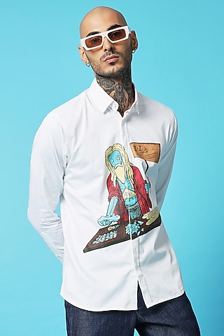 White Cotton Screen Printed Shirt by SAHIL ANEJA