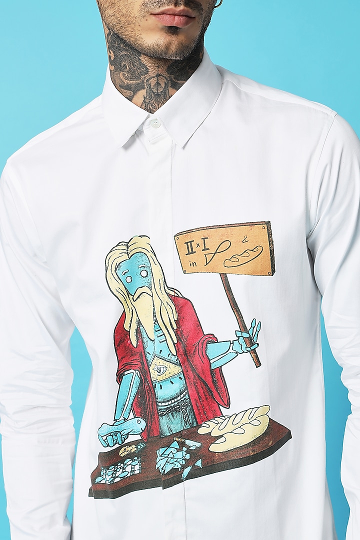 White Cotton Screen Printed Party Wear Shirt by SAHIL ANEJA at Pernia's Pop Up Shop
