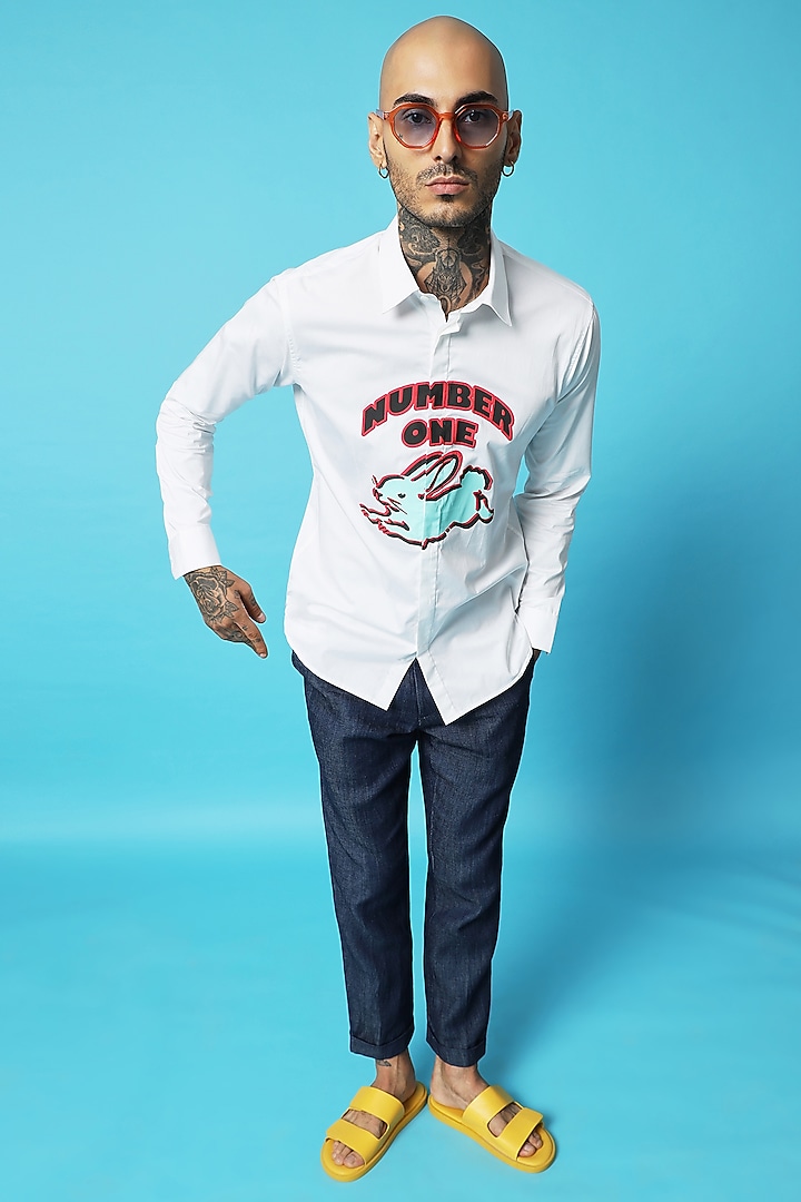 White Cotton Screen Printed Party Wear Shirt by SAHIL ANEJA at Pernia's Pop Up Shop