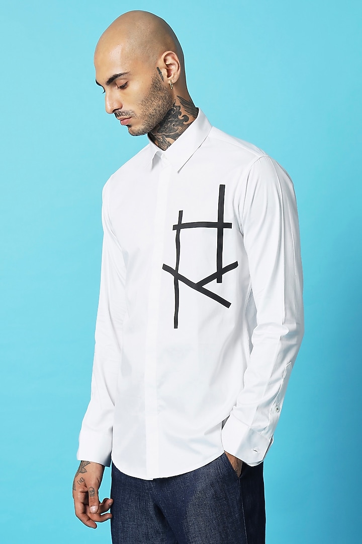 White Cotton Hashtag Screen Printed Party Wear Shirt by SAHIL ANEJA at Pernia's Pop Up Shop