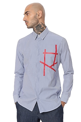 Blue & White Cotton Stripe Screen Printed Striped Shirt by SAHIL ANEJA