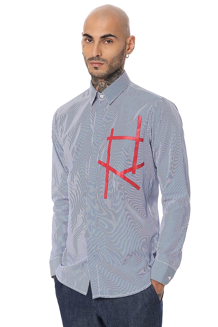 Blue & White Cotton Stripe Screen Printed Striped Party Wear Shirt by SAHIL ANEJA at Pernia's Pop Up Shop