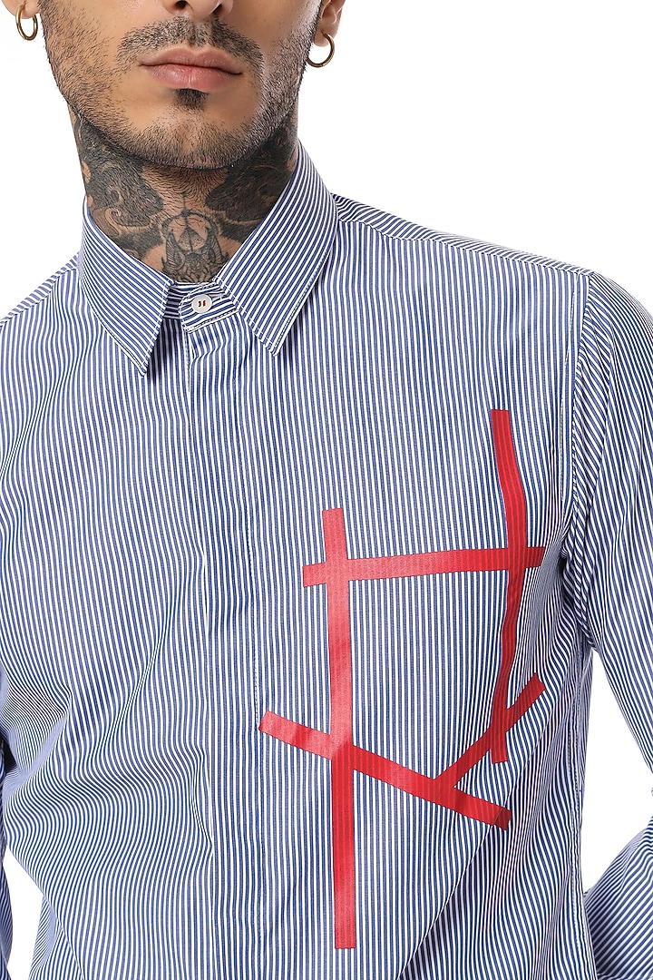 Blue & White Cotton Stripe Screen Printed Striped Party Wear Shirt by SAHIL ANEJA at Pernia's Pop Up Shop