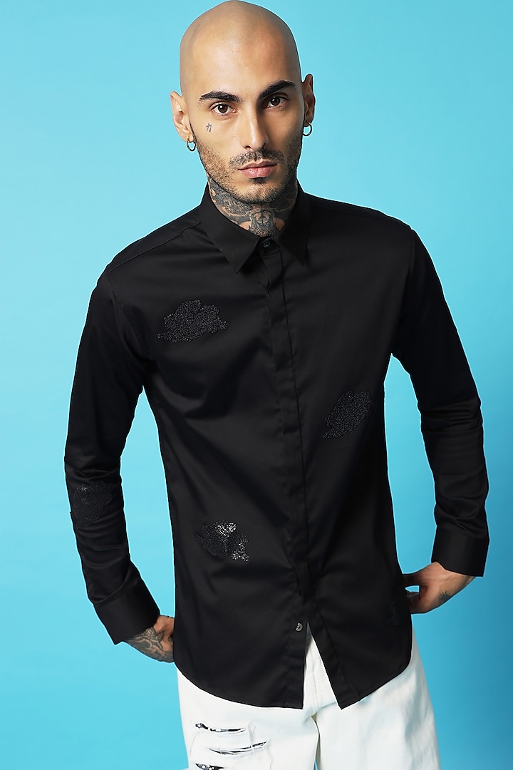 Black Cotton Screen Printed Shirt by SAHIL ANEJA