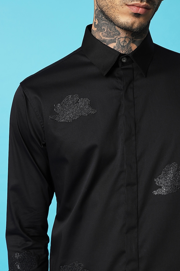 Black Cotton Screen Printed Party Wear Shirt by SAHIL ANEJA at Pernia's Pop Up Shop