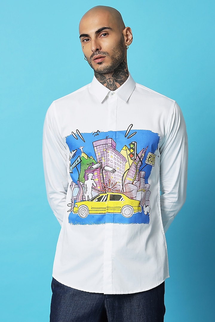 White Cotton Screen Printed Shirt by SAHIL ANEJA