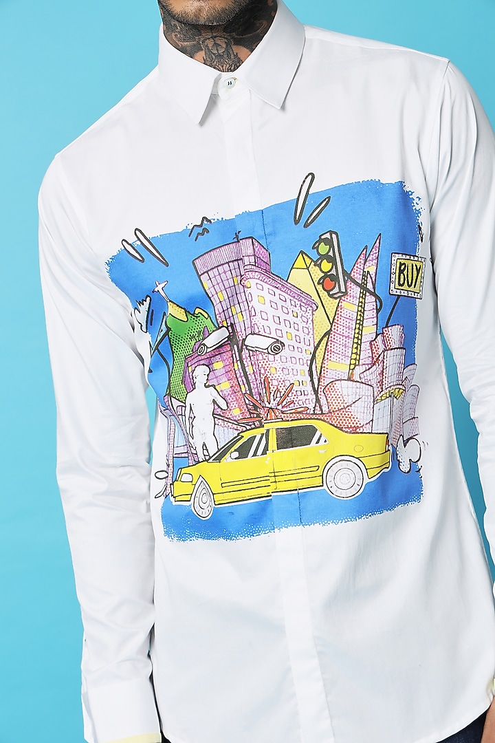White Cotton Screen Printed Party Wear Shirt by SAHIL ANEJA at Pernia's Pop Up Shop