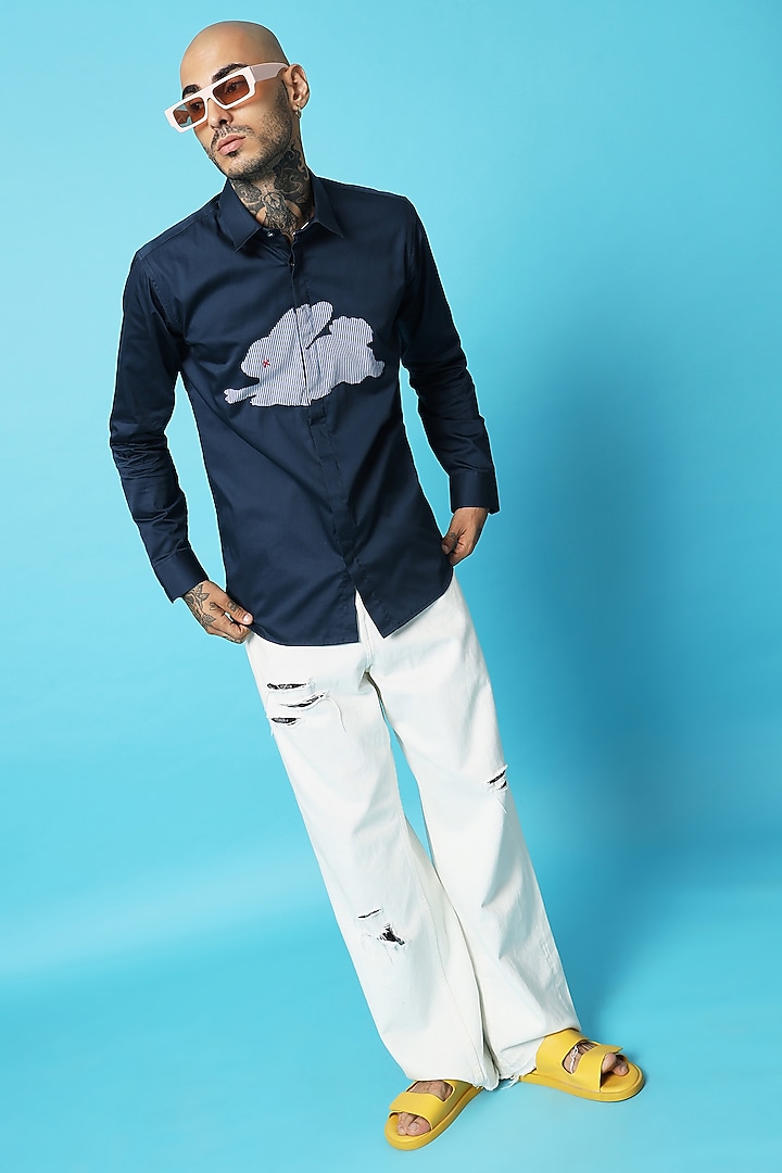 Navy Blue Cotton Party Wear Shirt by SAHIL ANEJA at Pernia's Pop Up Shop