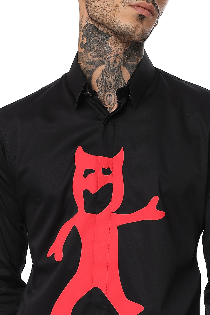 Black Cotton Screen Printed Party Wear Shirt by SAHIL ANEJA at Pernia's Pop Up Shop