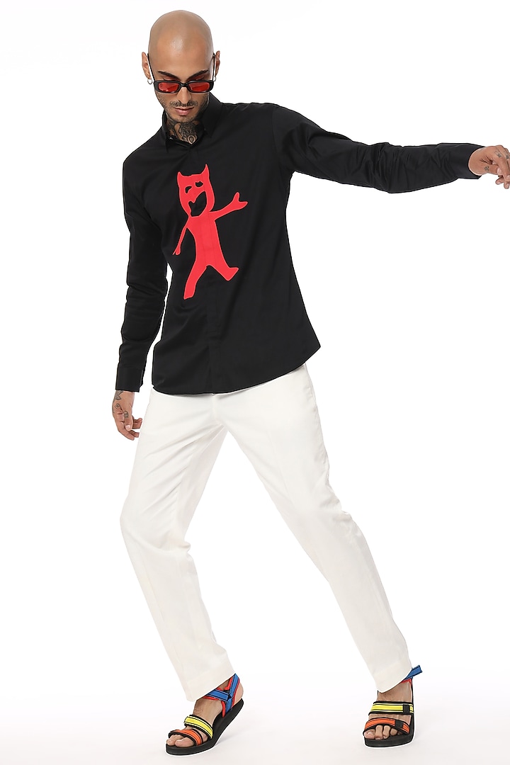 Black Cotton Screen Printed Party Wear Shirt by SAHIL ANEJA at Pernia's Pop Up Shop