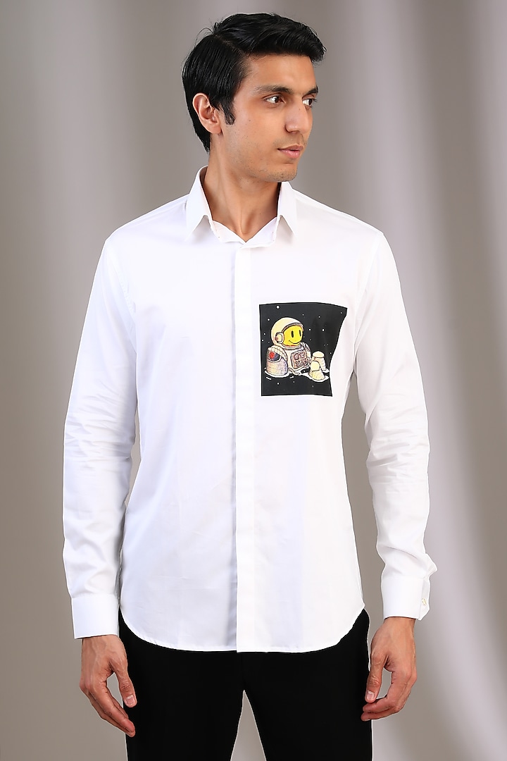 White Cotton Screen Printed Shirt by SAHIL ANEJA