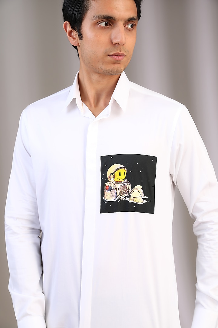 White Cotton Screen Printed Party Wear Shirt by SAHIL ANEJA at Pernia's Pop Up Shop