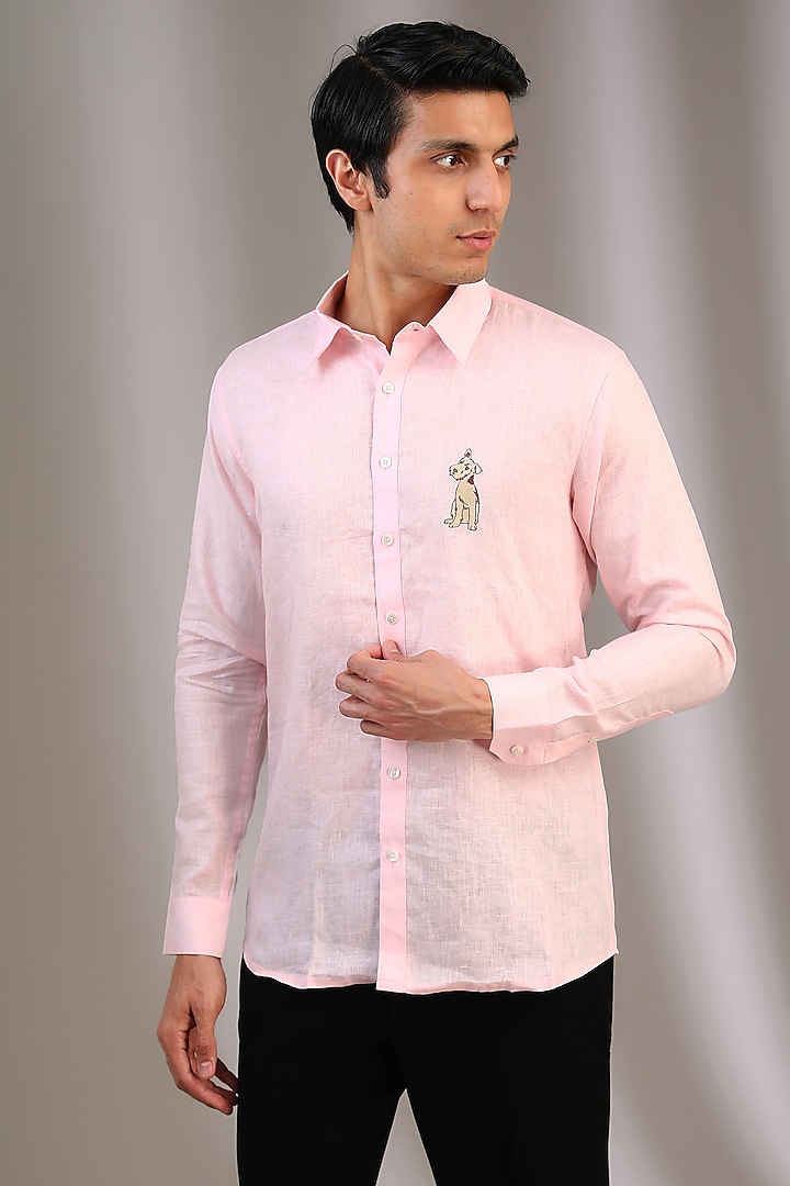 Pink Linen Motif Machine Embroidered Shirt by SAHIL ANEJA