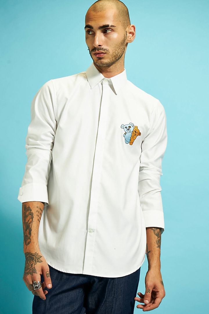 White Cotton Machine Embroidered Shirt by SAHIL ANEJA