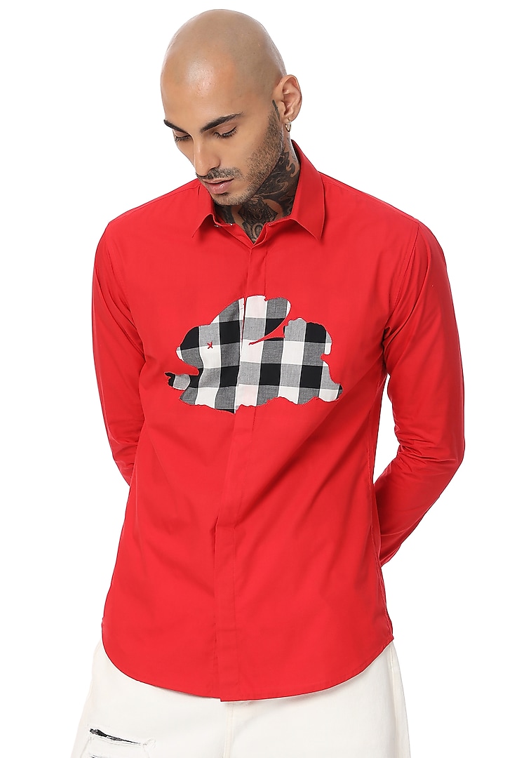 Red Cotton Screen Printed Shirt by SAHIL ANEJA