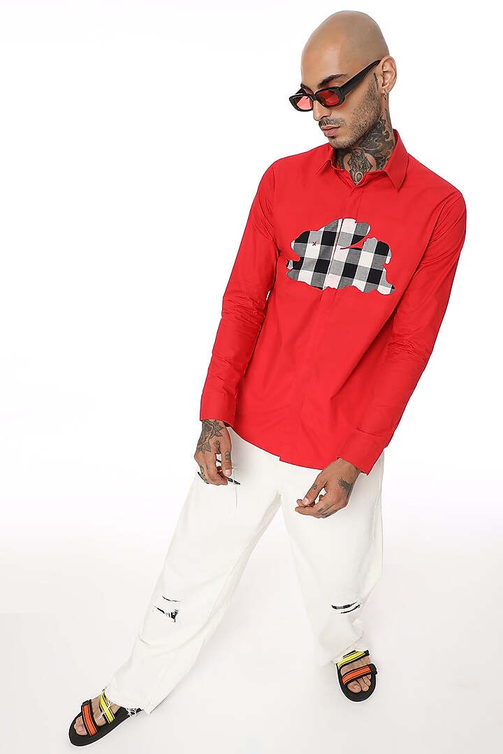 Red Cotton Screen Printed Party Wear Shirt by SAHIL ANEJA at Pernia's Pop Up Shop