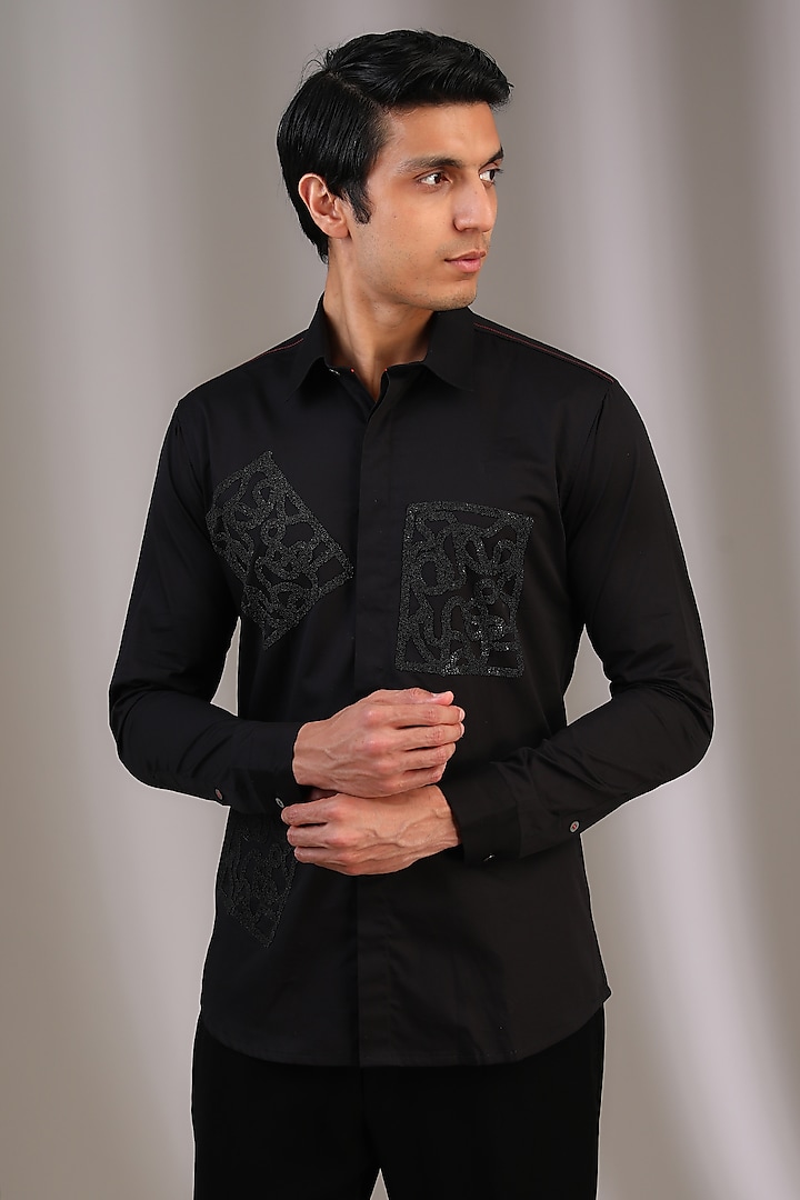 Black Cotton Screen Printed Shirt by SAHIL ANEJA at Pernia's Pop Up Shop