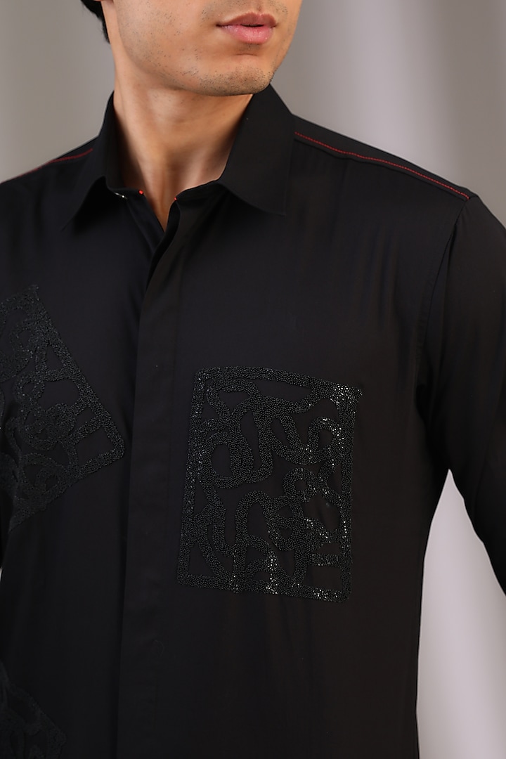 Black Cotton Screen Printed Party Wear Shirt by SAHIL ANEJA at Pernia's Pop Up Shop