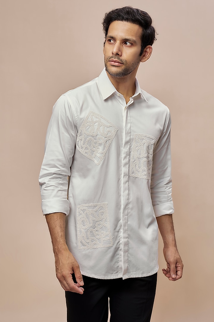 White Cotton Embroidered Shirt by Sahil Aneja