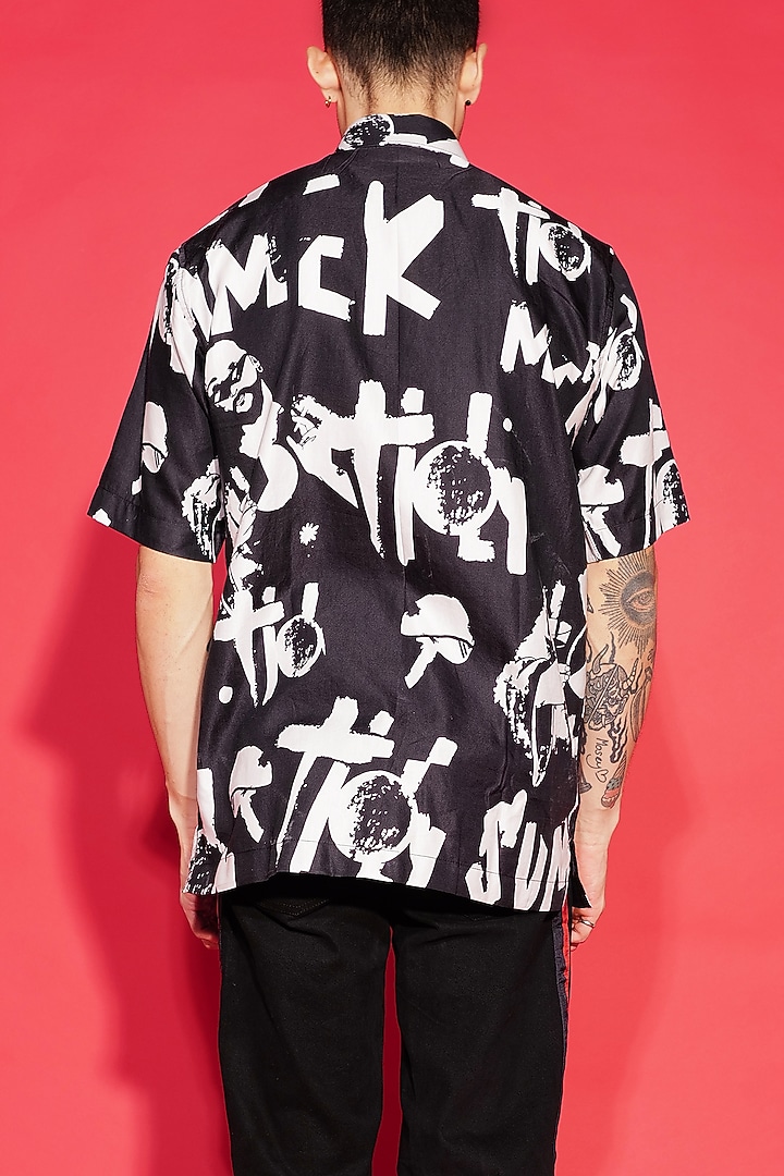 Black Silk Blend Printed Party Wear Shirt by SAHIL ANEJA at Pernia's Pop Up Shop