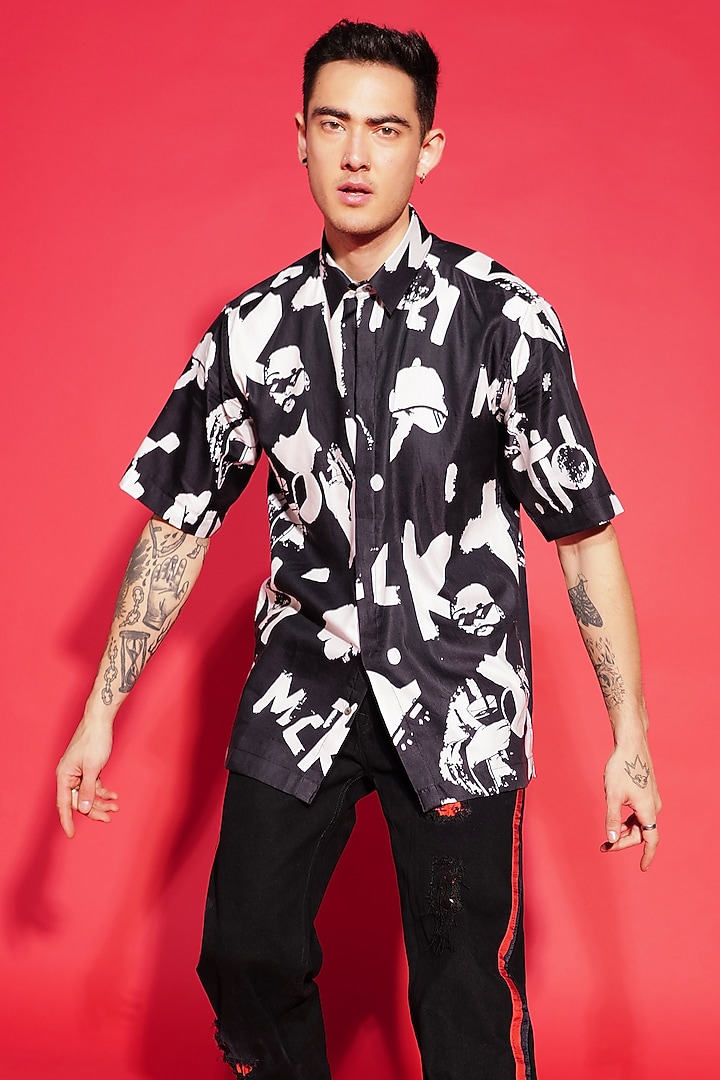 Black Silk Blend Printed Party Wear Shirt by SAHIL ANEJA at Pernia's Pop Up Shop