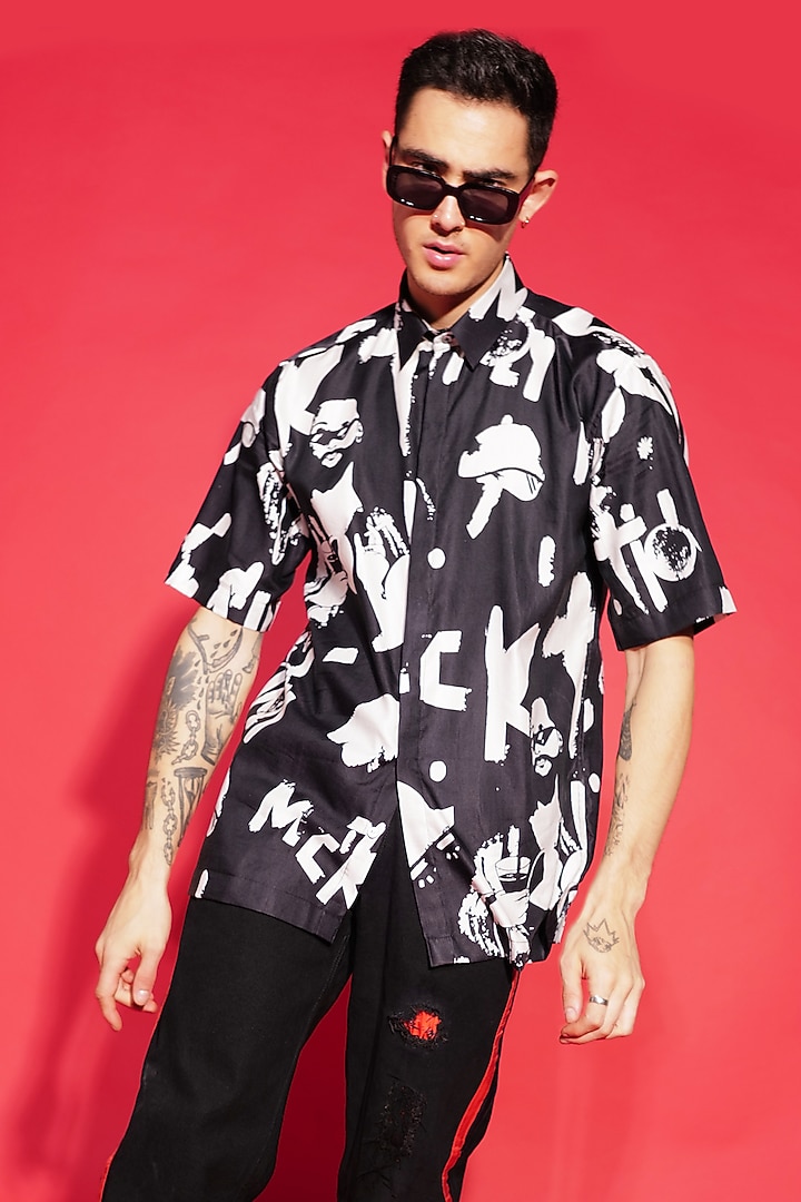 Black Silk Blend Printed Party Wear Shirt by SAHIL ANEJA at Pernia's Pop Up Shop