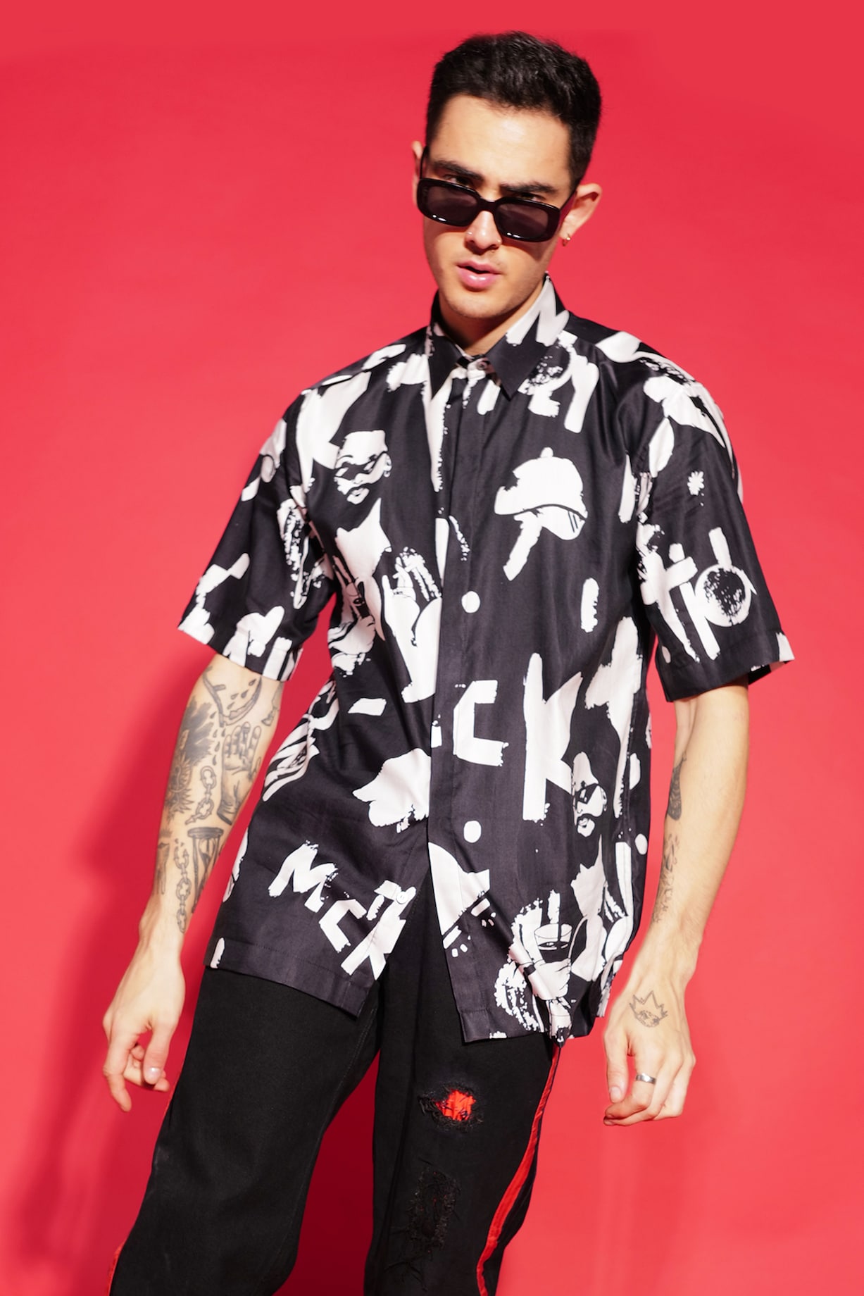 Black Silk Blend Printed Party Wear Shirt by SAHIL ANEJA at Pernia's Pop Up  Shop