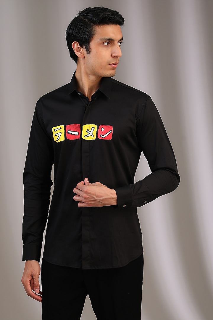 Black Cotton Screen Printed Shirt by SAHIL ANEJA