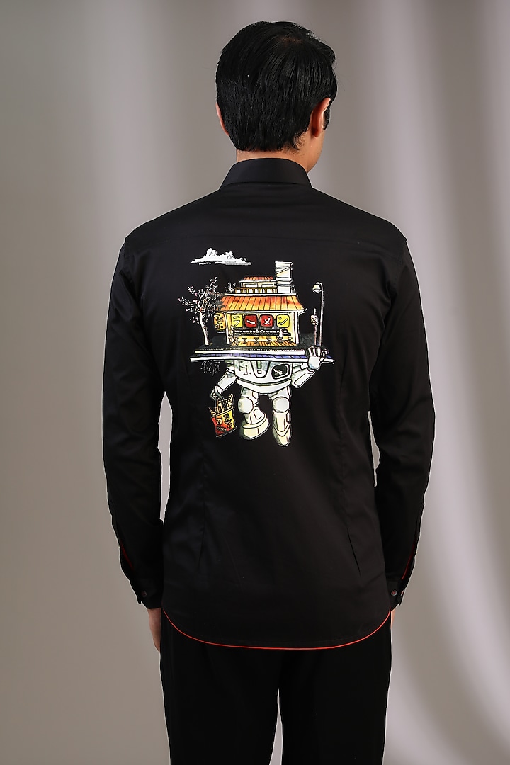 Black Cotton Screen Printed Party Wear Shirt by SAHIL ANEJA at Pernia's Pop Up Shop