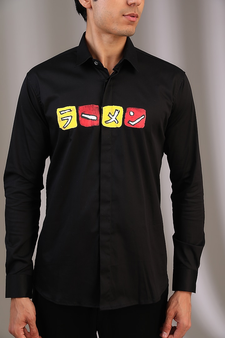 Black Cotton Screen Printed Party Wear Shirt by SAHIL ANEJA at Pernia's Pop Up Shop