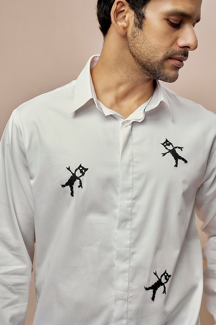 White Cotton Motif Embroidered Shirt by Sahil Aneja at Pernia's Pop Up Shop