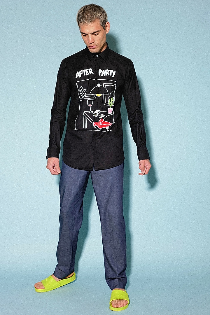 Black Cotton Screen Printed Party Wear Shirt by SAHIL ANEJA at Pernia's Pop Up Shop