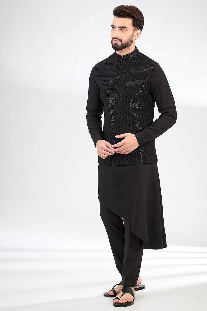 Black Crepe Embroidered Nehru Jacket Set by SAHIL ANEJA