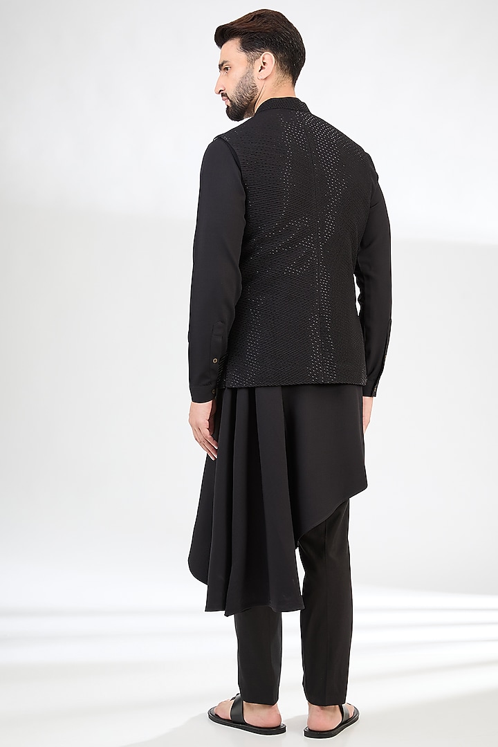 Black Crepe Embroidered Nehru Jacket Set by SAHIL ANEJA at Pernia's Pop Up Shop