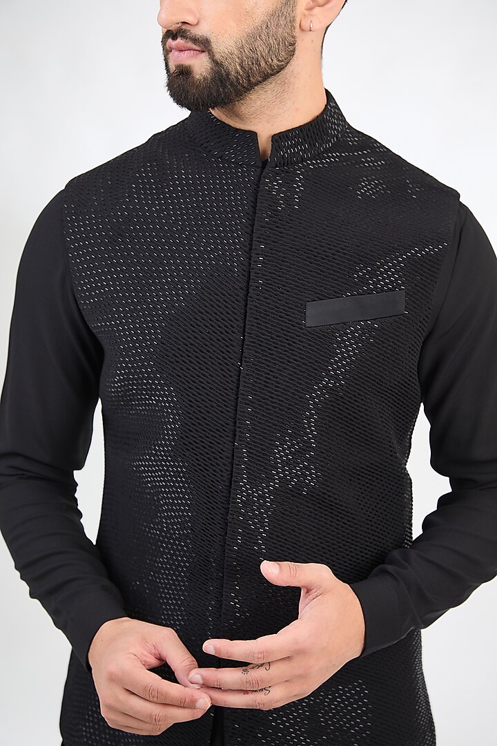 Black Crepe Embroidered Nehru Jacket Set by SAHIL ANEJA at Pernia's Pop Up Shop
