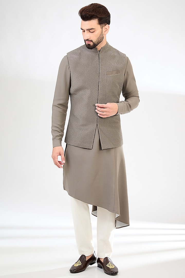 Mouse Grey Cotton Silk Embroidered Nehru Jacket Set by SAHIL ANEJA