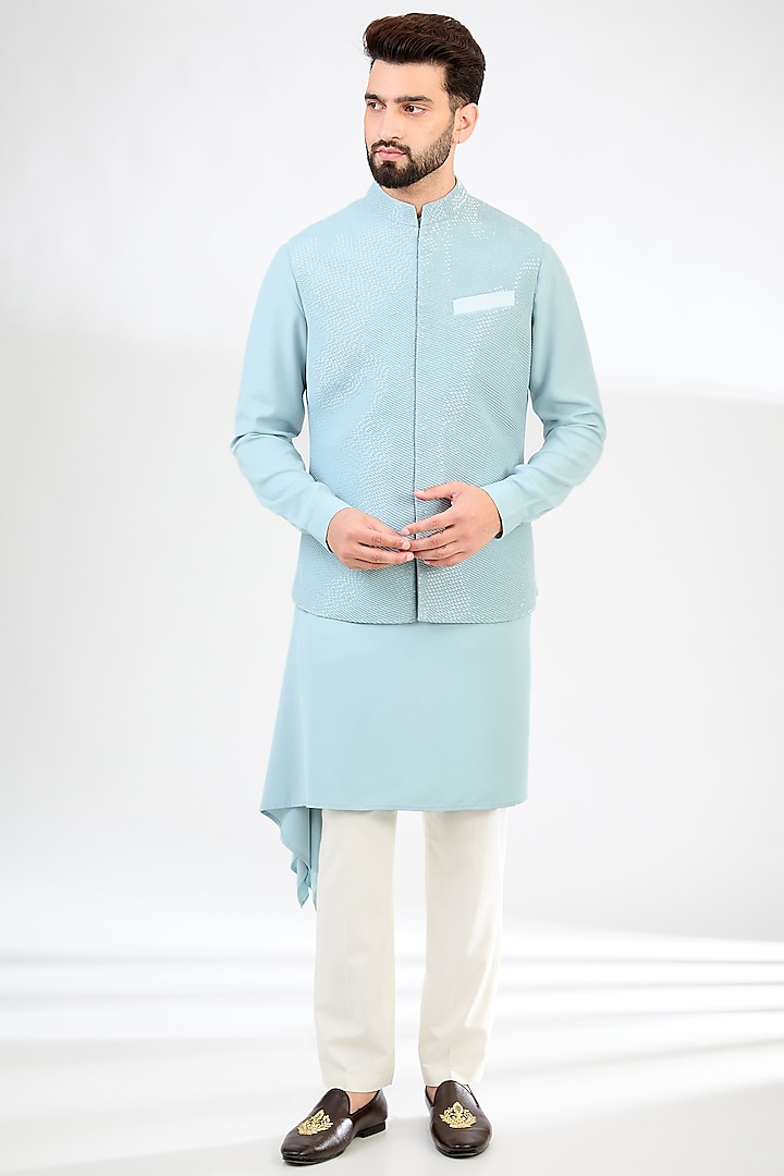 Ice Blue Crepe Embroidered Nehru Jacket Set by SAHIL ANEJA