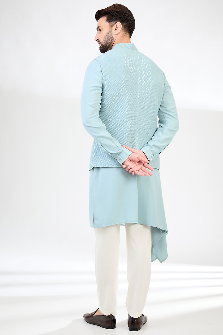 Ice Blue Crepe Embroidered Nehru Jacket Set by SAHIL ANEJA at Pernia's Pop Up Shop