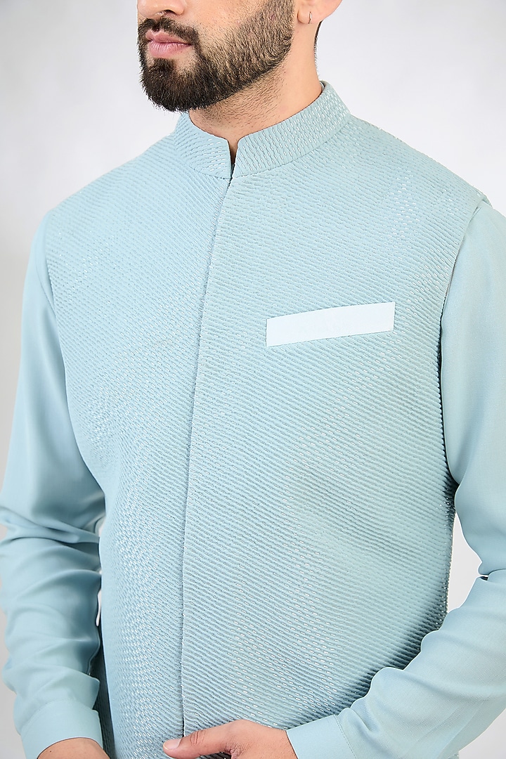 Ice Blue Crepe Embroidered Nehru Jacket Set by SAHIL ANEJA at Pernia's Pop Up Shop