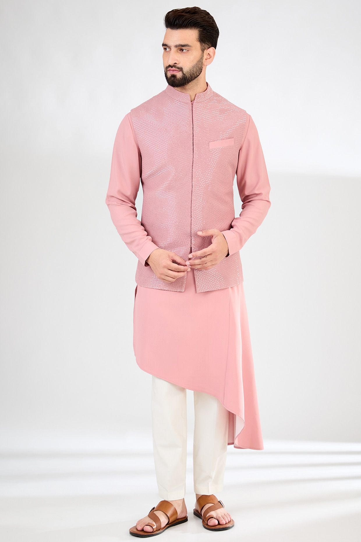 Salmon Pink Crepe Embroidered Nehru Jacket Set by SAHIL ANEJA at Pernia s Pop Up Shop 2024