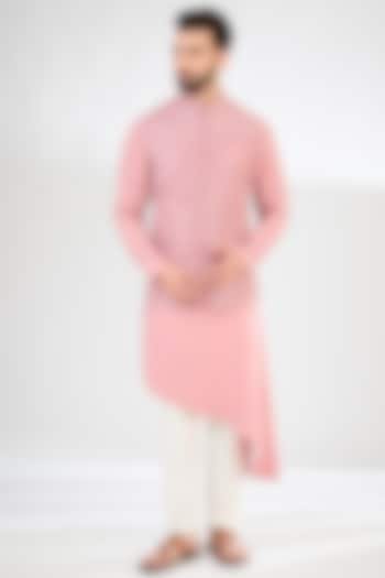 Salmon Pink Crepe Embroidered Nehru Jacket Set by SAHIL ANEJA