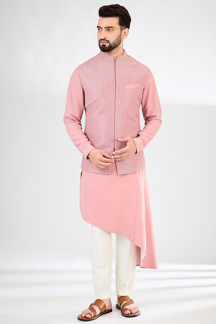 Salmon Pink Crepe Embroidered Nehru Jacket Set by SAHIL ANEJA