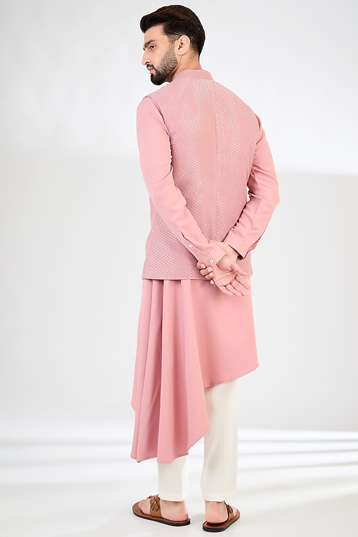 Salmon Pink Crepe Embroidered Nehru Jacket Set by SAHIL ANEJA at Pernia's Pop Up Shop