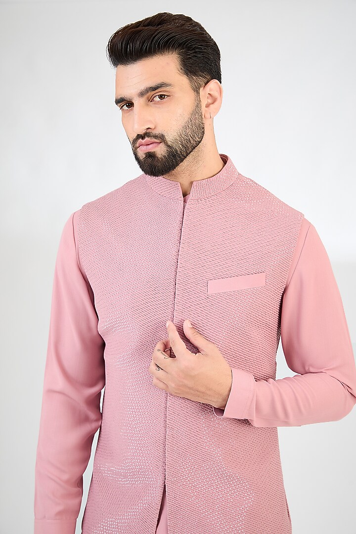Salmon Pink Crepe Embroidered Nehru Jacket Set by SAHIL ANEJA at Pernia's Pop Up Shop