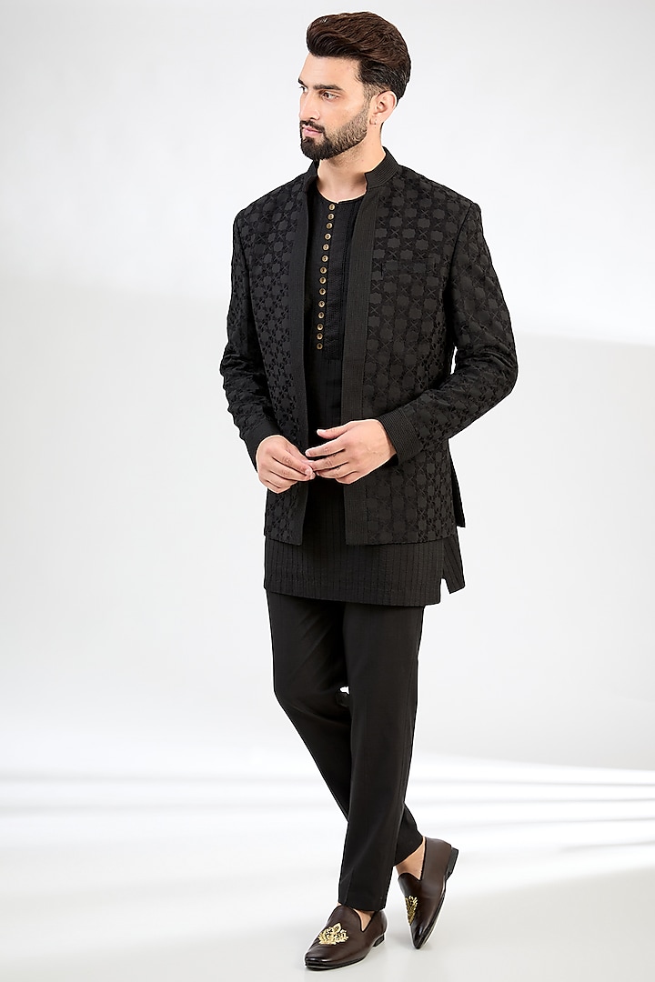 Black Cotton Silk Indowestern Set by SAHIL ANEJA