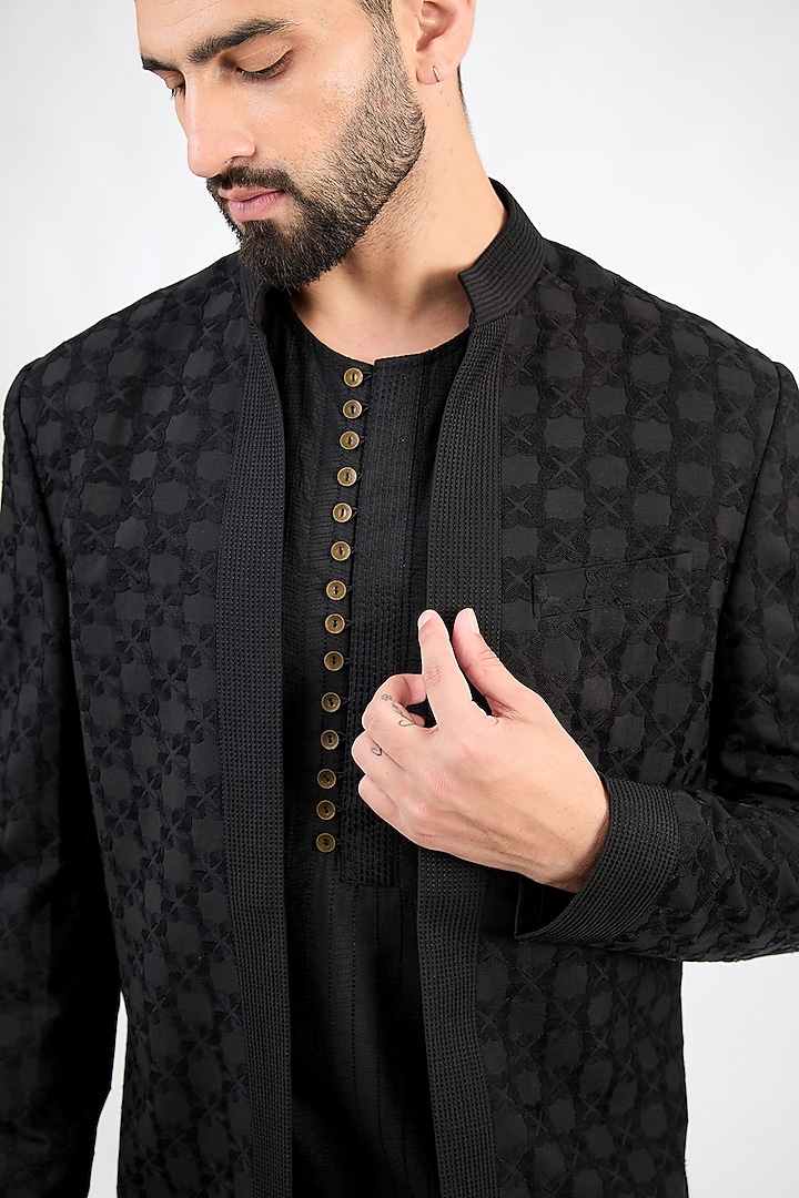 Black Cotton Silk Wedding Indowestern Set by SAHIL ANEJA at Pernia's Pop Up Shop
