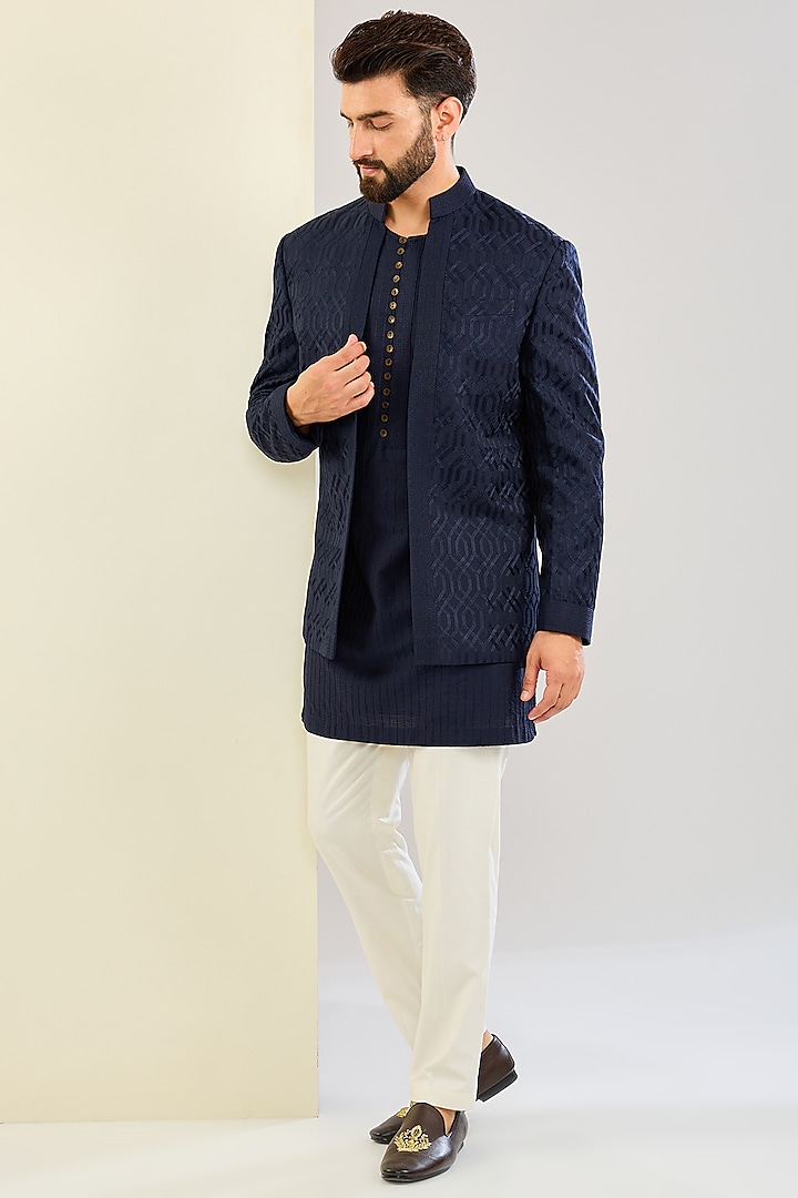 Navy Blue Cotton Silk Indowestern Set by SAHIL ANEJA