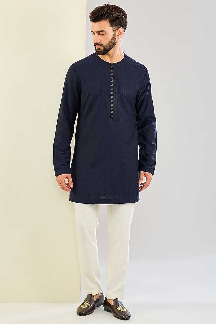 Navy Blue Cotton Silk Indowestern Set by SAHIL ANEJA at Pernia's Pop Up Shop